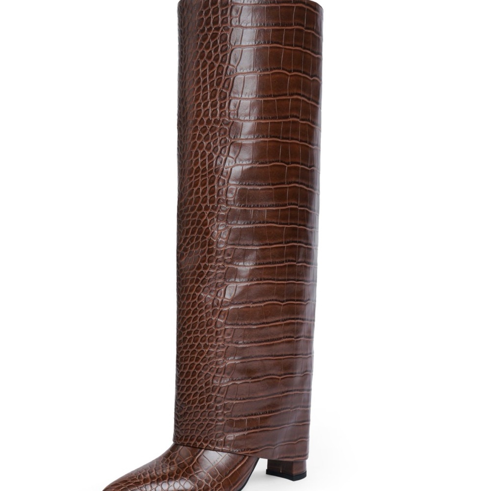 Croc-Embossed Brown Over-the-Knee Boots